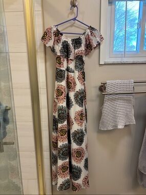 LOFT White Maxi Dress with Pink, Blue and Yellow Floral Print